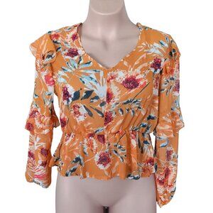 Elegant XL Floral V-Neck Top with Ruffle Trim and Elastic Waist